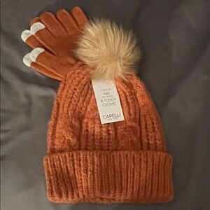 Capelli of New York Cozy Orange Hat and Gloves Set, New.